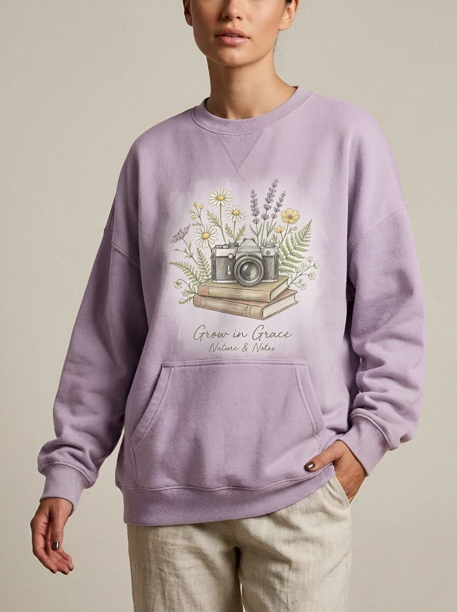 Women's Sage Green Photography Book Floral Crewneck Sweatshirt