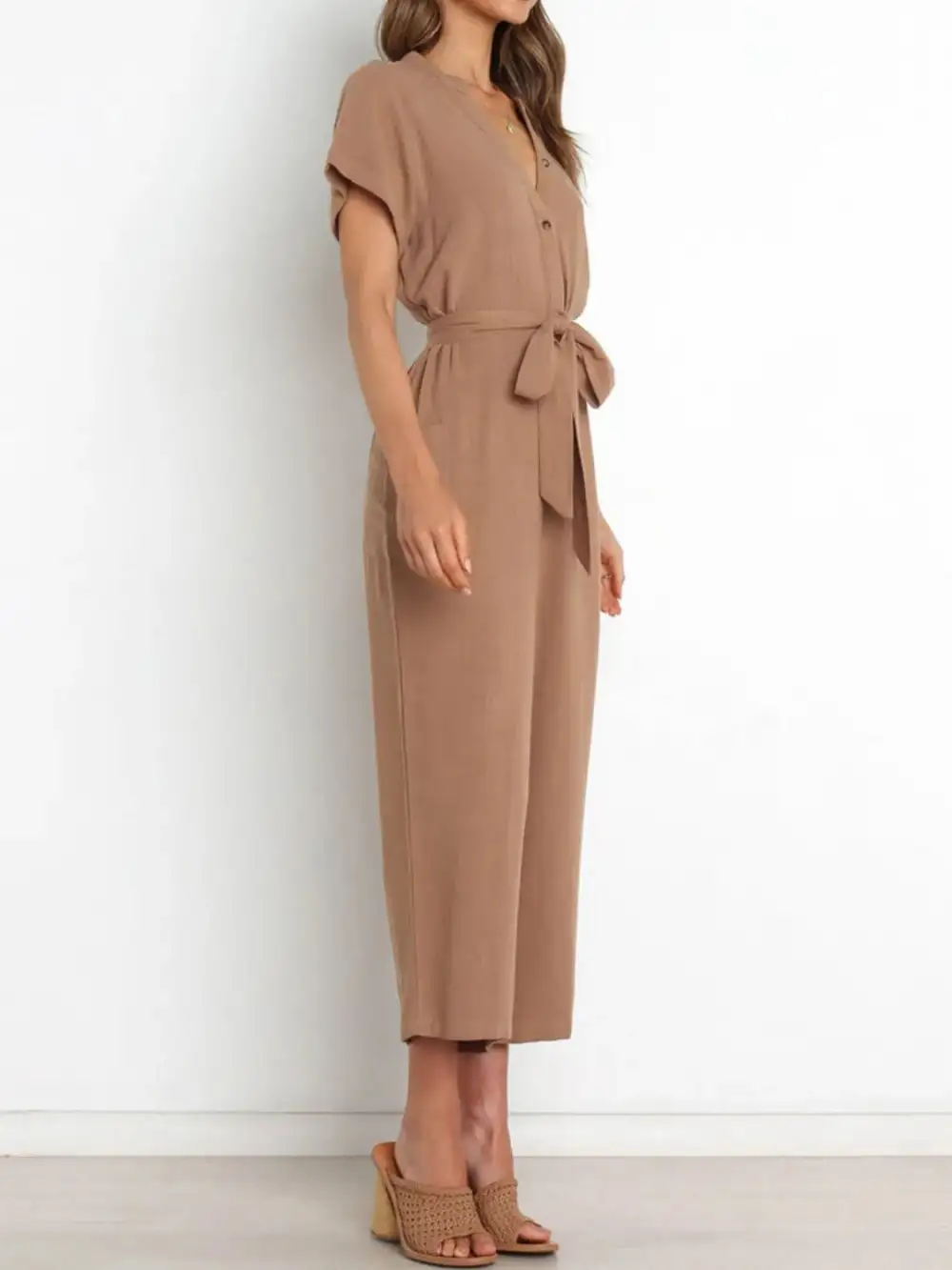 Notched Short Sleeve Tie Waist Jumpsuit Shorts