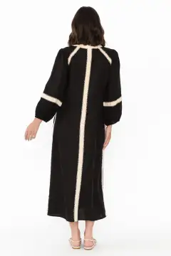 Color-Block Linen Pocket Round-Neck Three-Quarter-Sleeve A-Line Below-Knee Dress
