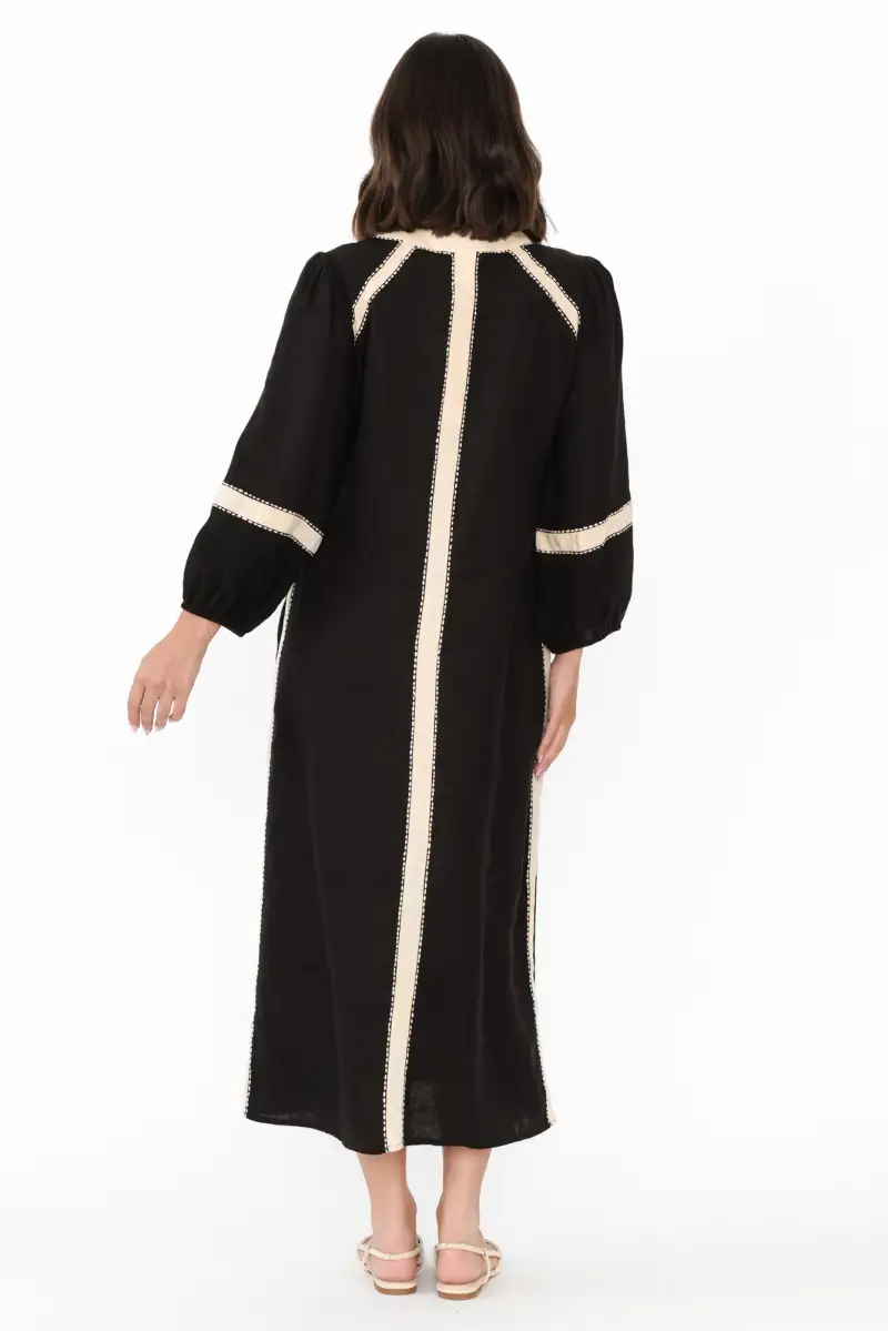 Color-Block Linen Pocket Round-Neck Three-Quarter-Sleeve A-Line Below-Knee Dress