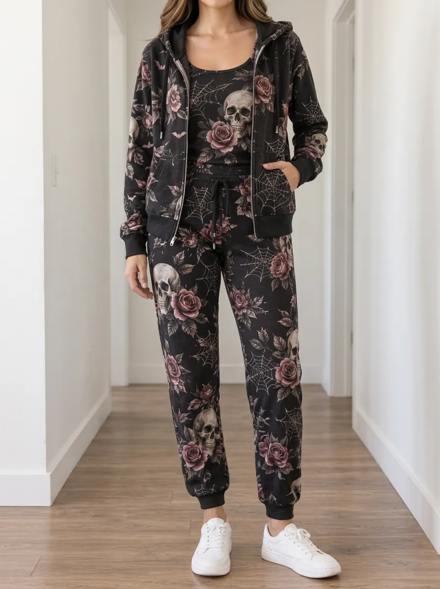 Women's Halloween Skull Rose Spiderweb Printed Jogger Set