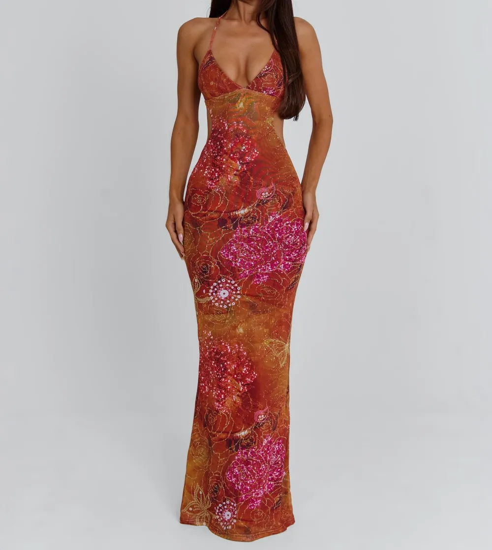 Gold Cutout Mesh Maxi Dress