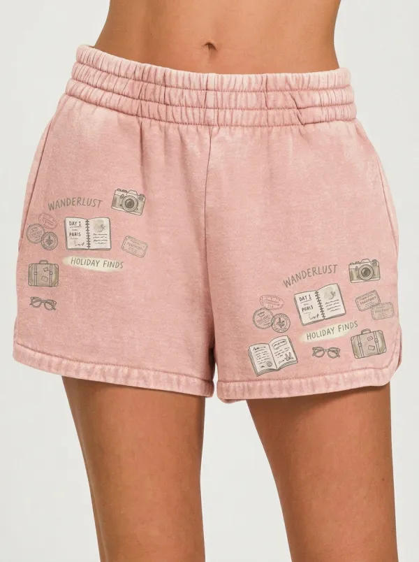Women's Travel Wanderlust Camera Passport Printed Shorts
