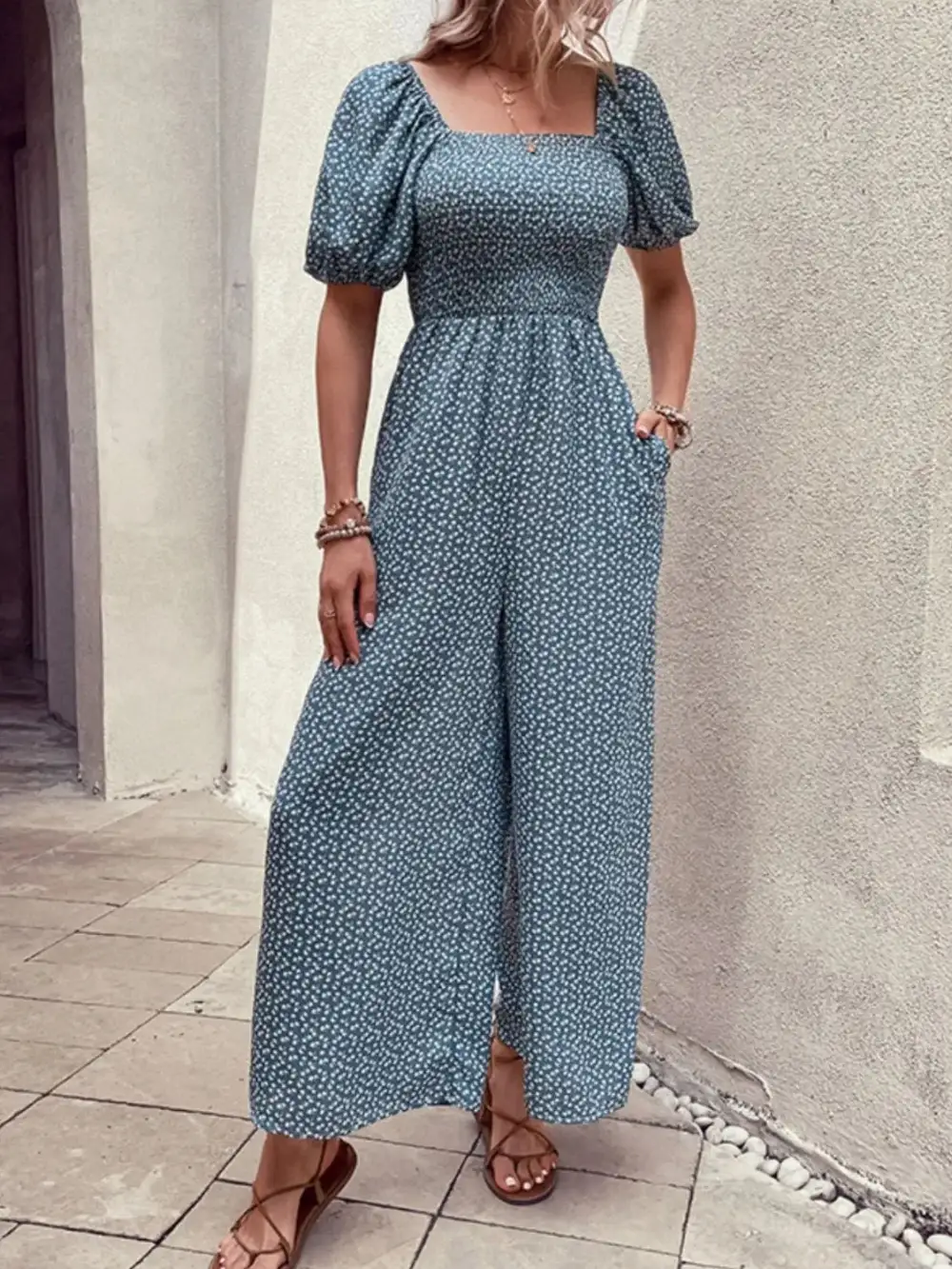Printed Square Neck Puff Sleeve Everyday Jumpsuit