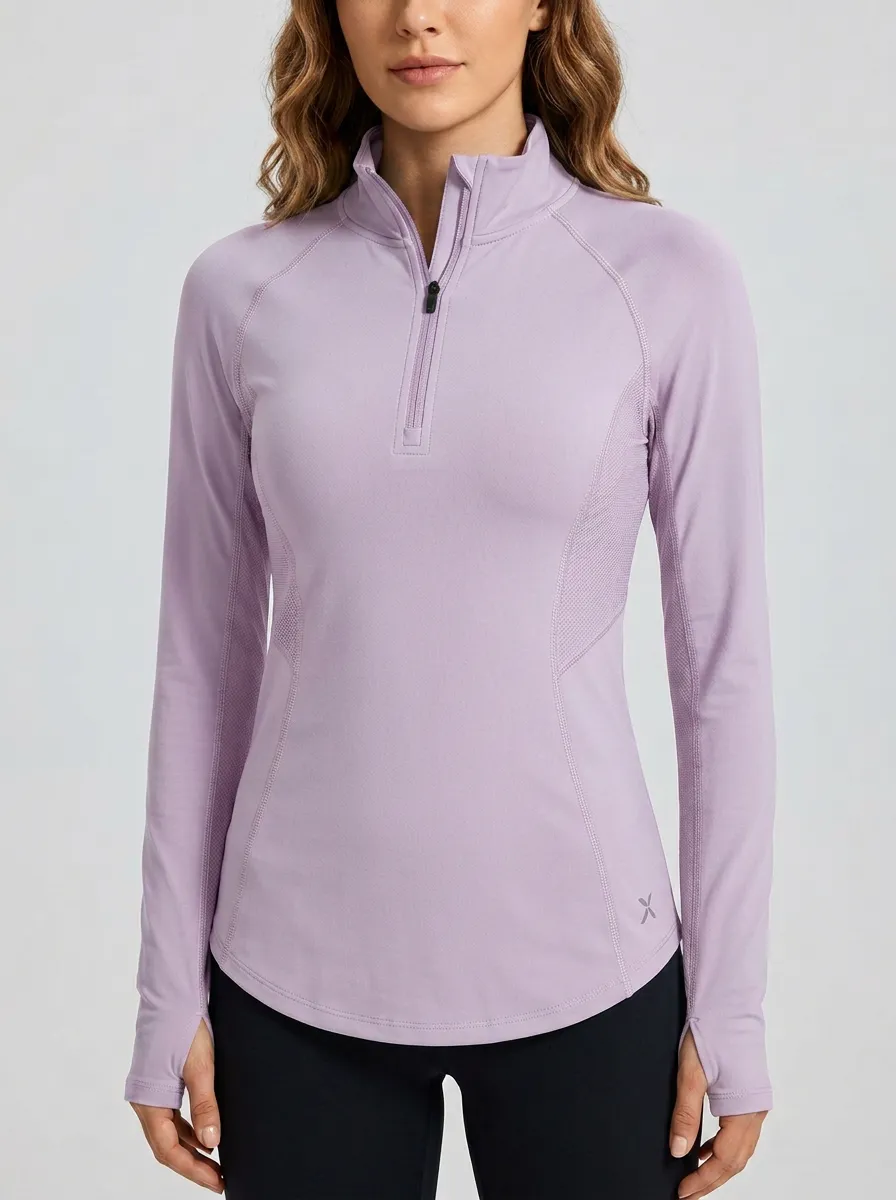Women's Athletic Fitness Blue Quarter Zip Long Sleeve Shirt