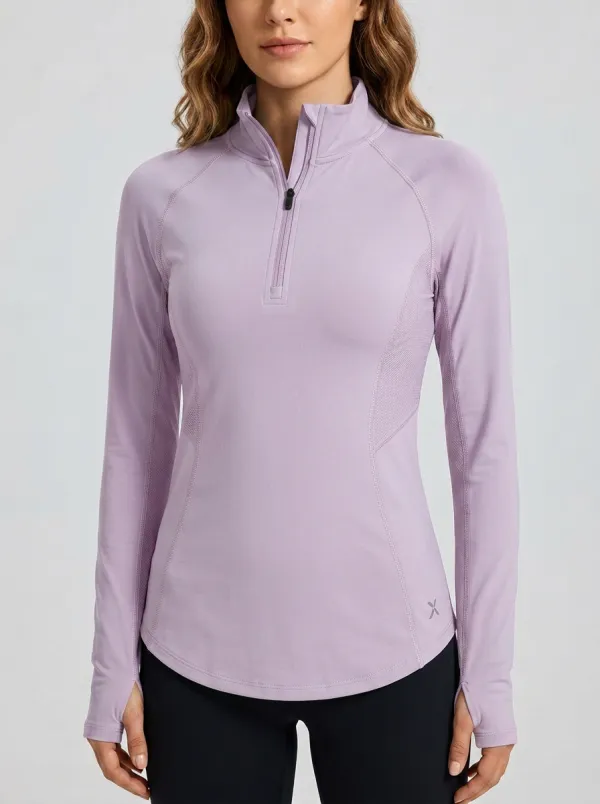 Women's Athletic Fitness Blue Quarter Zip Long Sleeve Shirt