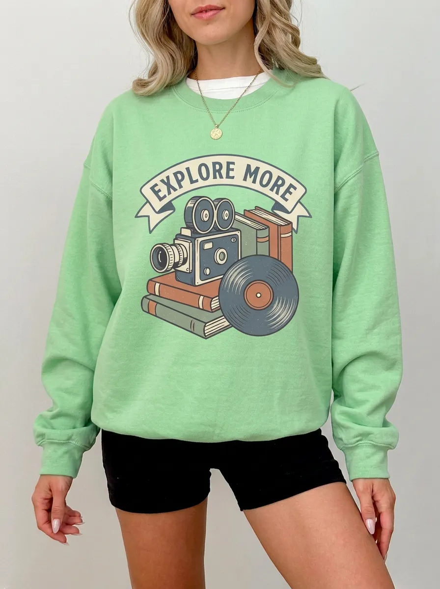 Women's Retro Hobby Explore More Camera Books Vinyl Printed Sweatshirt