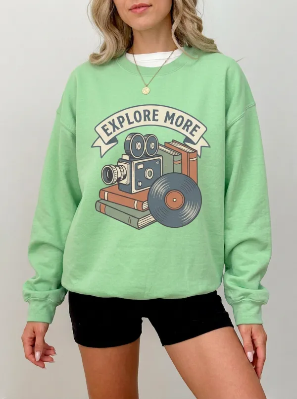 Women's Retro Hobby Explore More Camera Books Vinyl Printed Sweatshirt
