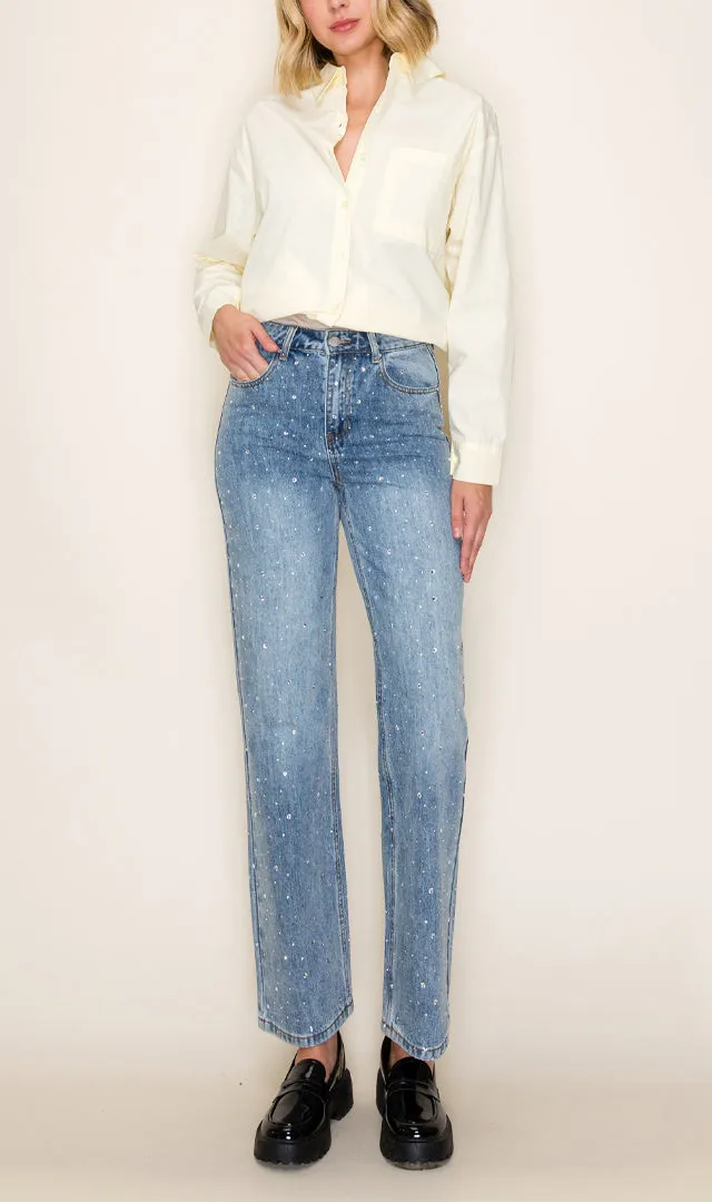 High Rise Embellished Straight Jeans