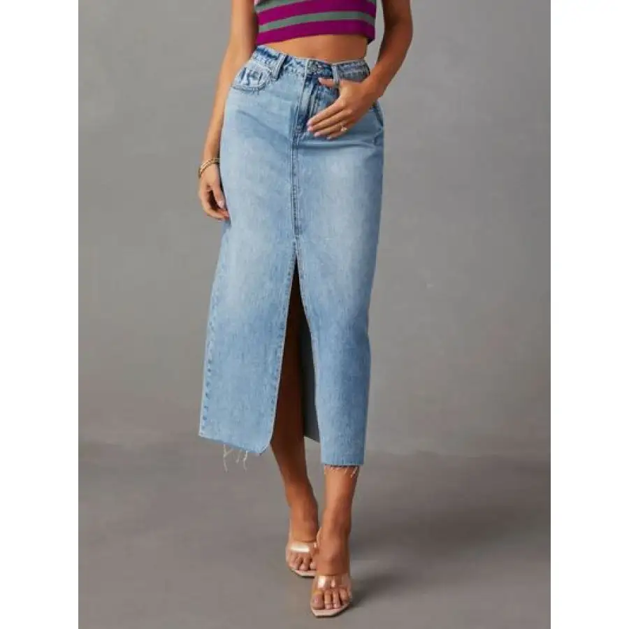 Raw Hem Front Slit Denim Midi Skirt