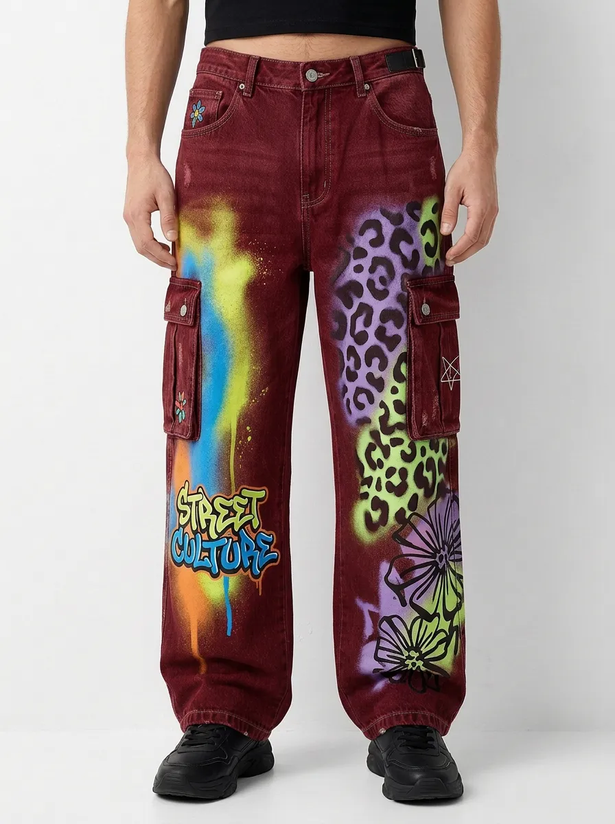 Men's Street Style Graffiti Leopard Floral Graphic Cargo Jeans