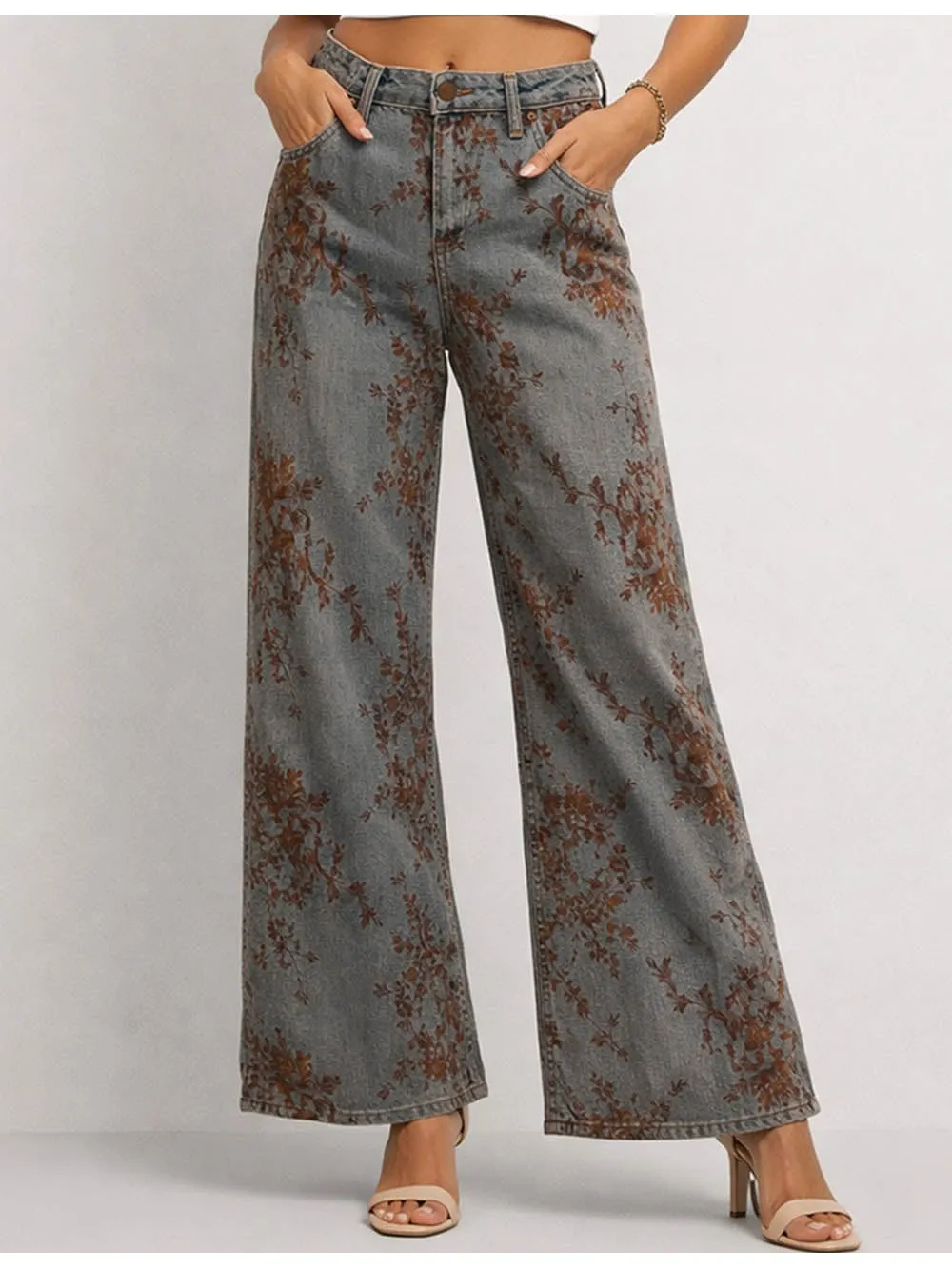 Vintage Jacquard Wide Leg Denim Pants