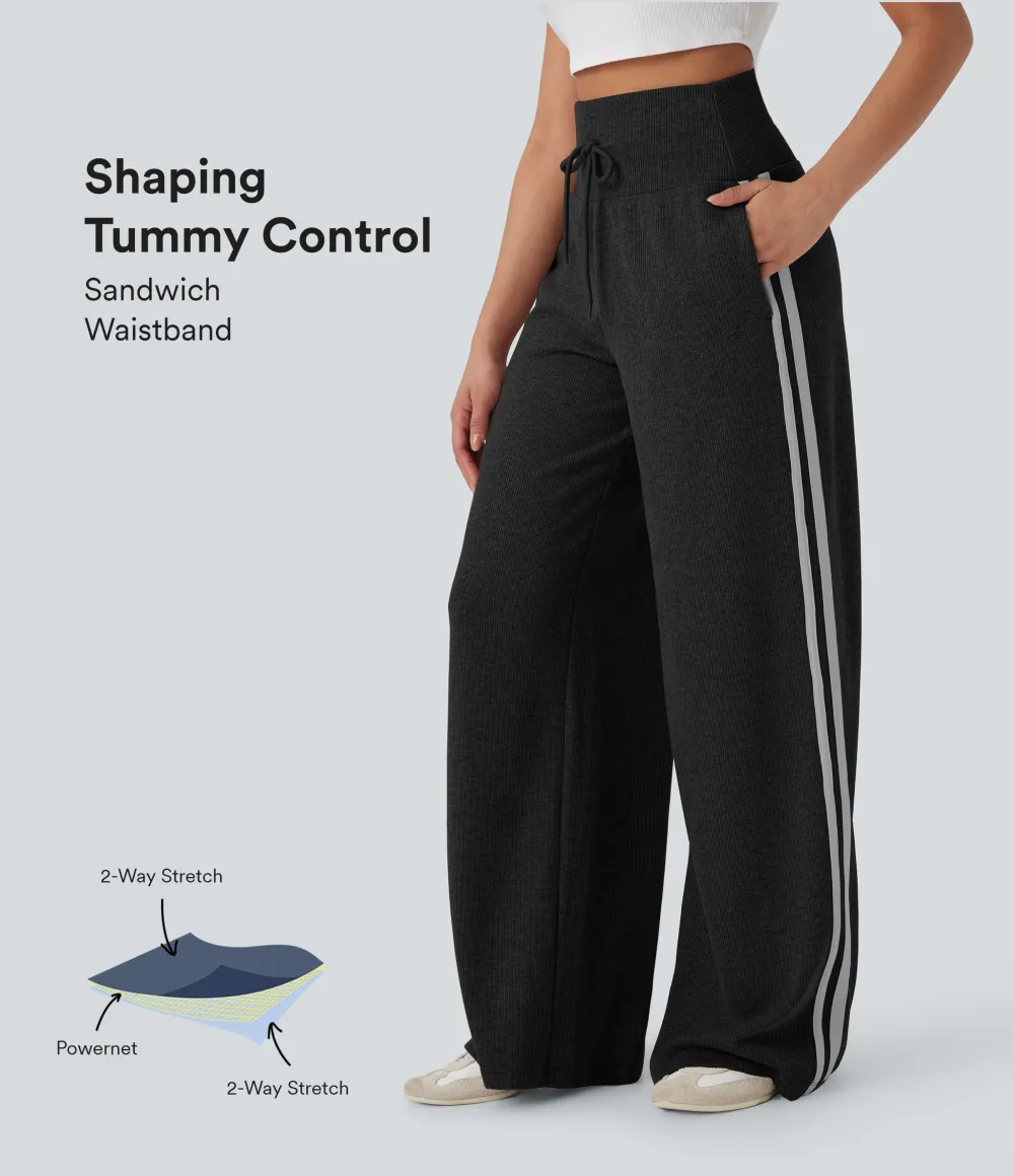 2026🔥  Ribbed SoCinched High Waisted Tummy Control Drawstring Wide Leg Color Block Casual Trousers with Pockets