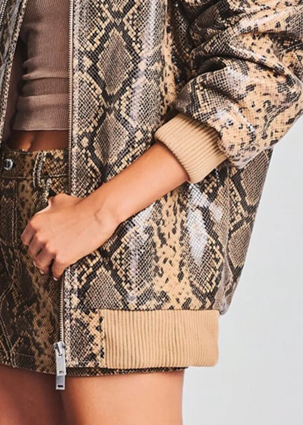 Crew Neck Leather Jacket