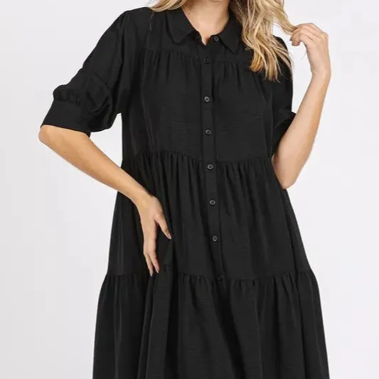 Button Detail Collared Neck Tiered Shirt Dress