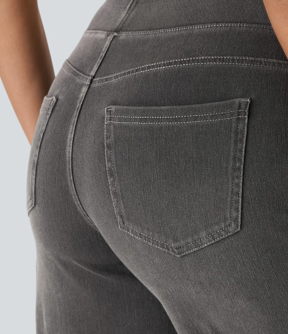 Magic High Waisted Multiple Pockets Wide Leg Washed Stretchy Knit Casual Jeans