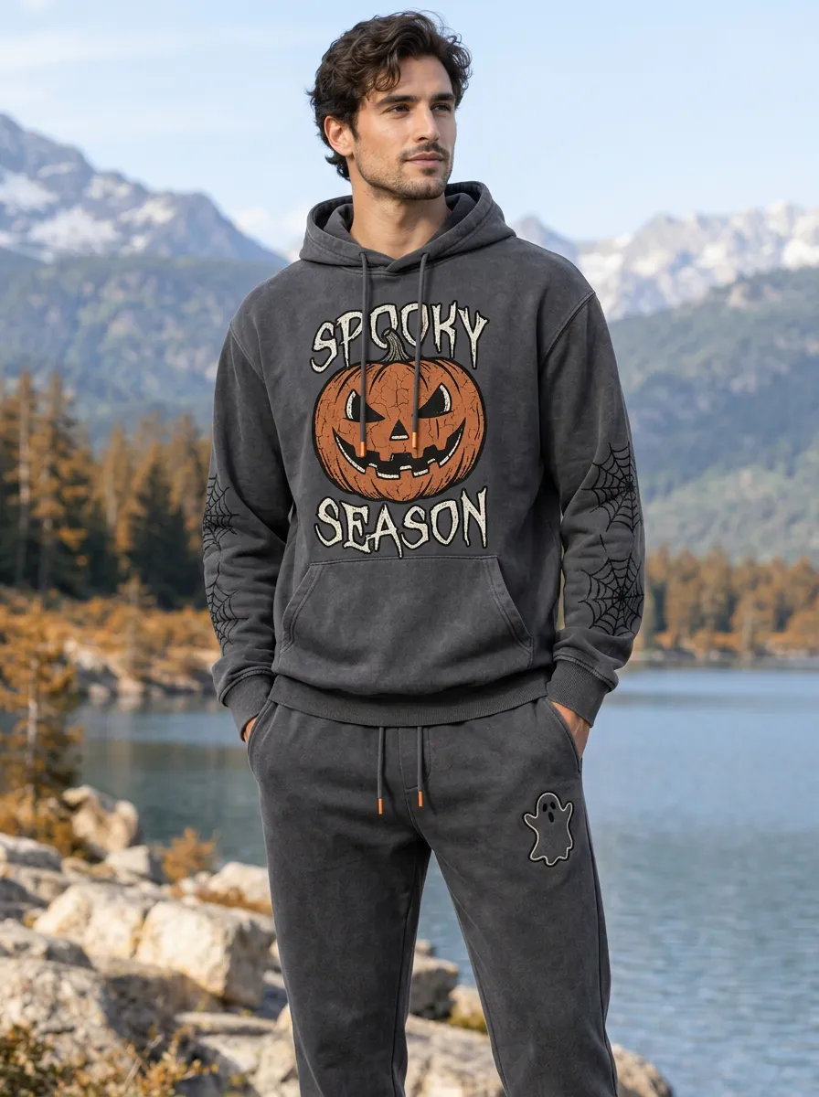 Men's Halloween Washed Charcoal Spooky Season Pumpkin Spiderweb Kangaroo-Pocket Hoodie Jogger Set