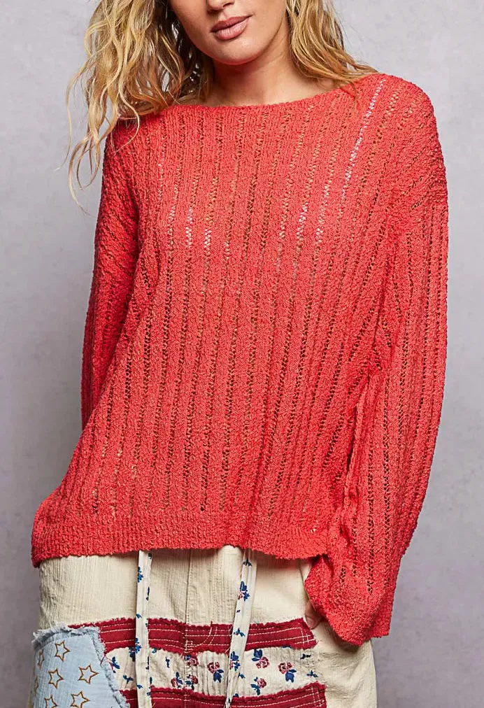 Relaxed Round Neck Long Sleeve Open Weave Sweater