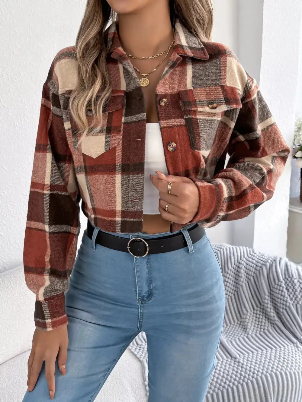 Plaid Button Up Cropped Jacket