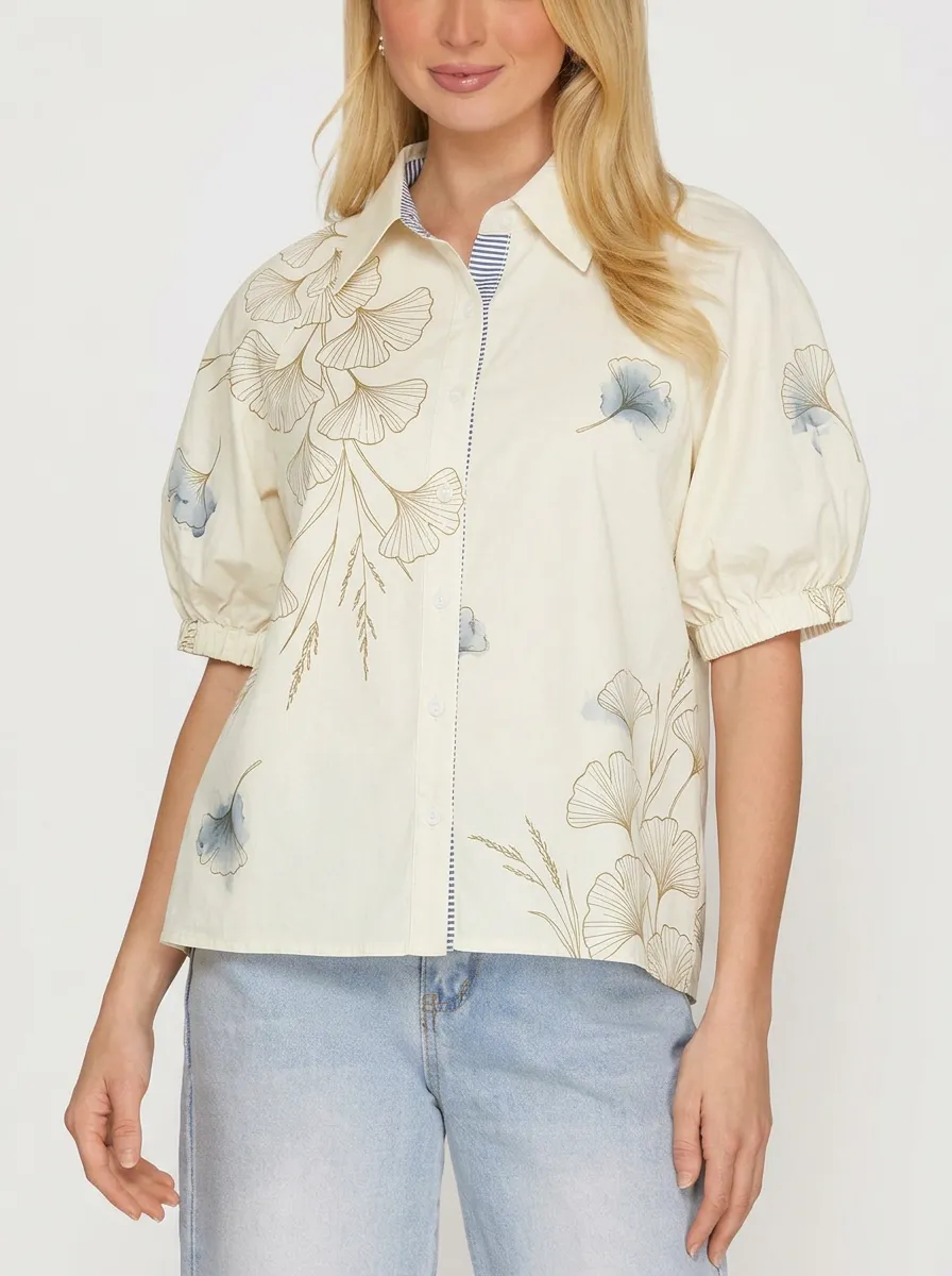 Women's Botanical Nature Lover Ginkgo Leaf Printed Blouse
