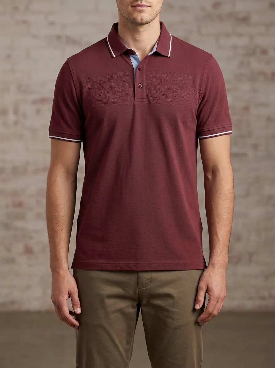 Men's Blue Textured Geometric Pattern Contrast Trim Polo Shirt