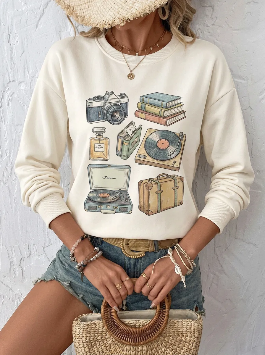 Women's Aesthetic Hobby Lover Camera Books Record Player Printed Sweatshirt