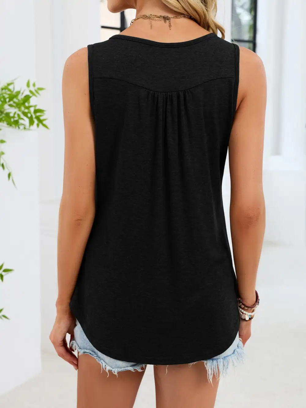Round-Neck Buttoned Ruched Tank Top