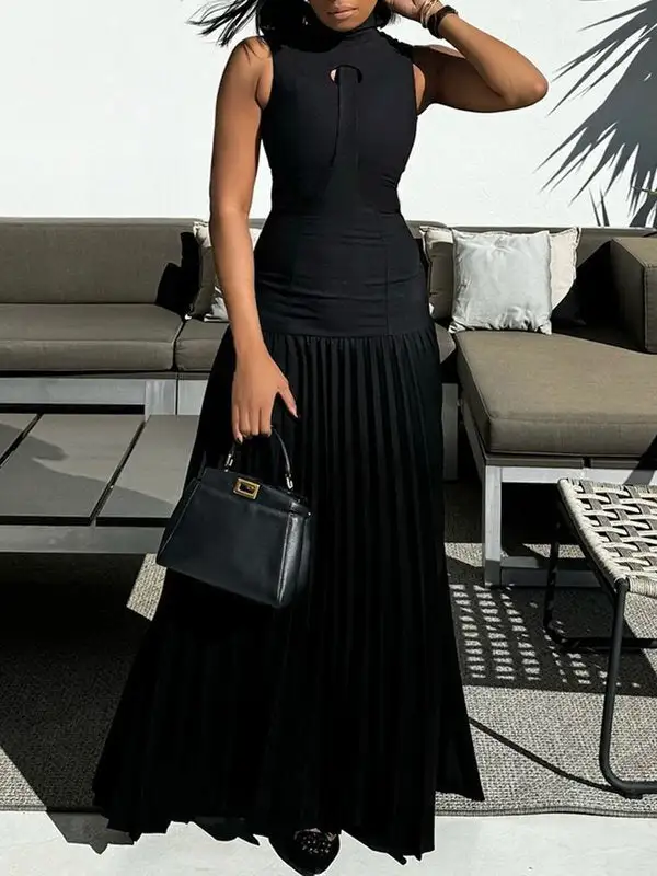 Mock Pleated Sleeveless Neck Maxi Dress