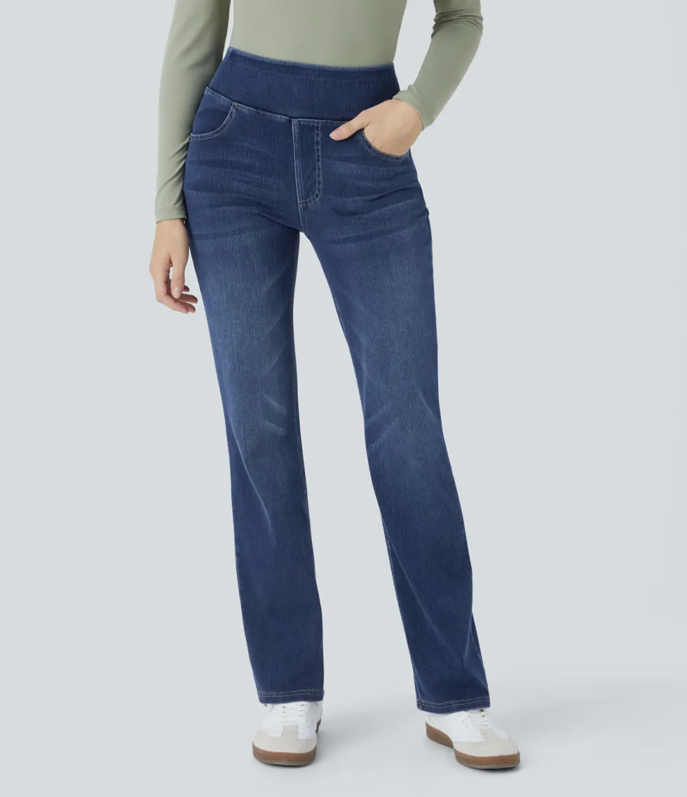 Magic High Waisted Multiple Pockets Washed Stretchy Knit Casual Bootcut Jeans
