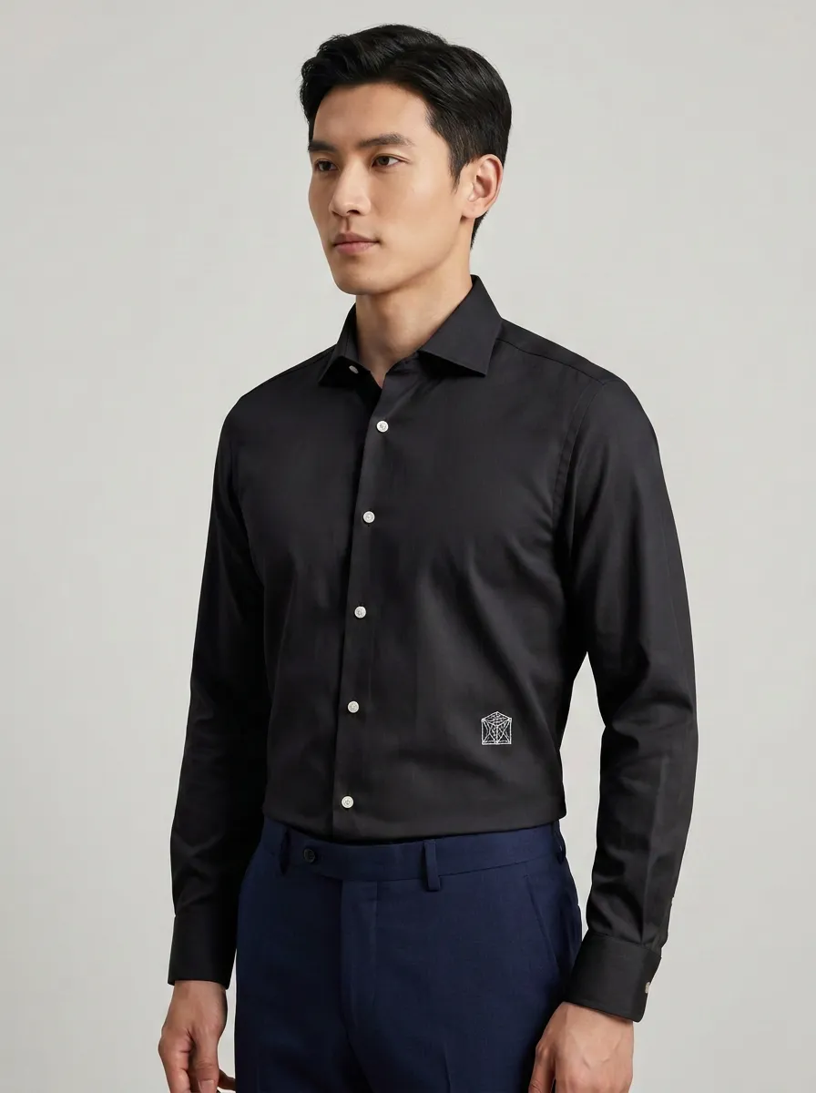 Men's Business Casual Geometric Logo Embroidered Non-Iron Cotton Shirt