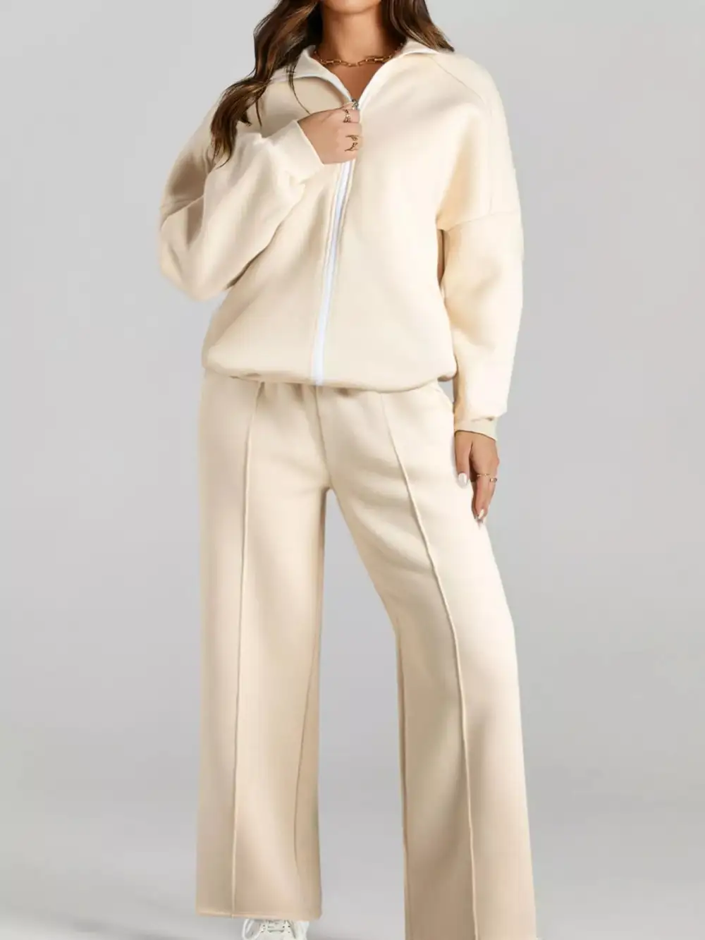 Drop Shoulder Zip Up Jacket And Drawstring Pants Active Two Piece Set