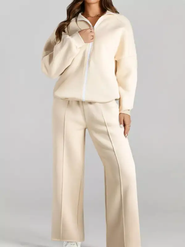 Drop Shoulder Zip Up Jacket And Drawstring Pants Active Two Piece Set