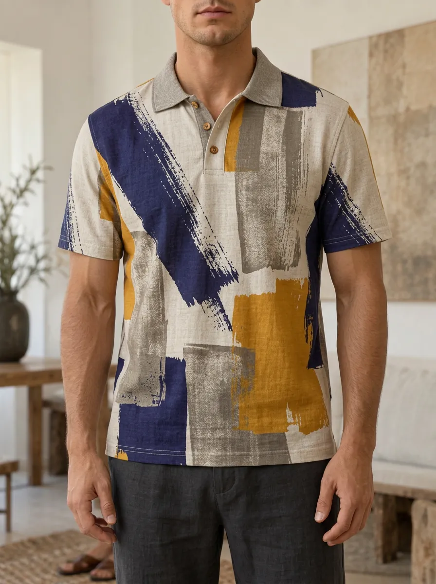 Men's Abstract Brushstroke Pattern Printed Polo Shirt Outdoor Casual Style