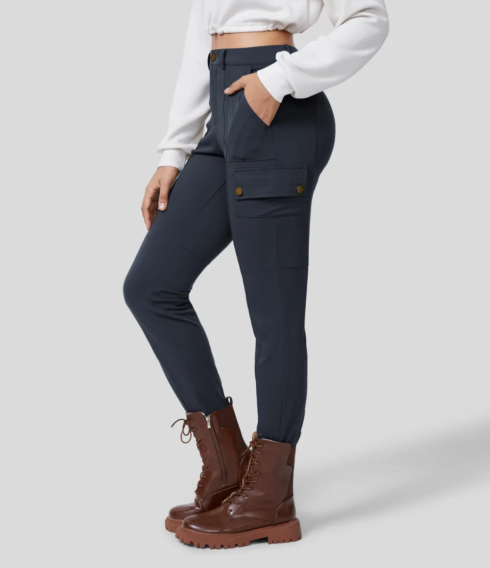 High Waisted Button Zipper Multiple Pockets Solid Skinny Cargo Pants