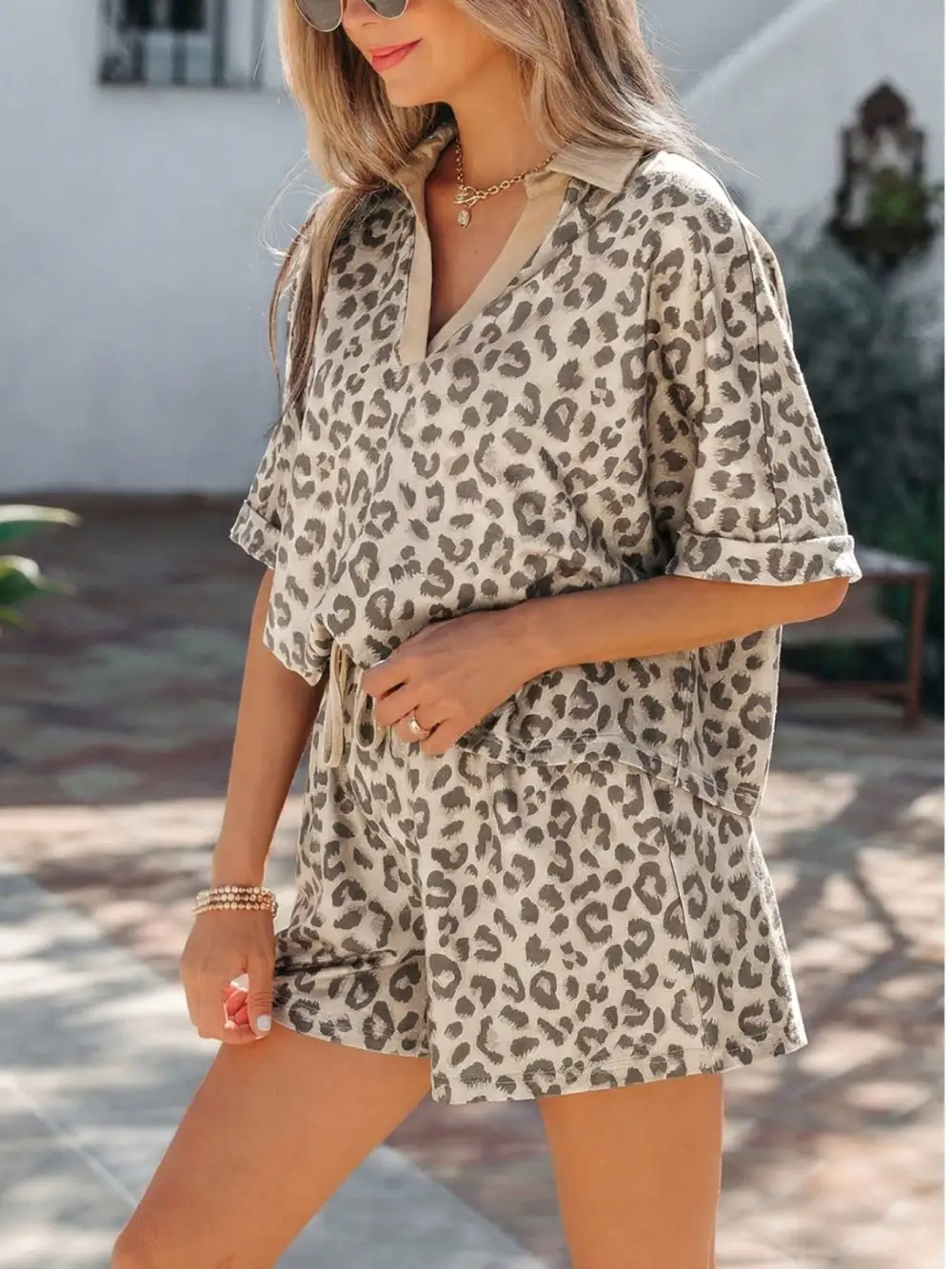 V Neck Collar Leopard Printed Short Set