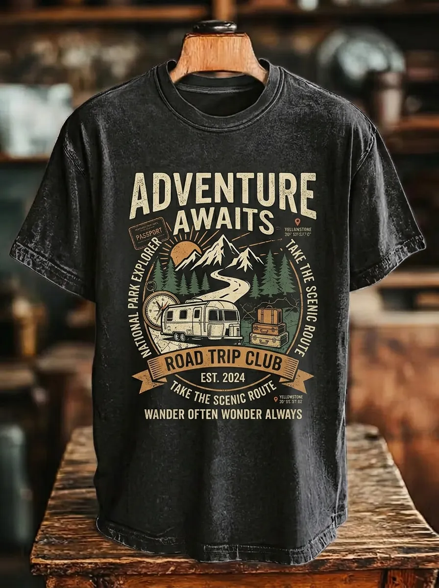 Unisex Road Trip Lover Adventure Awaits Camper Printed T-shirt