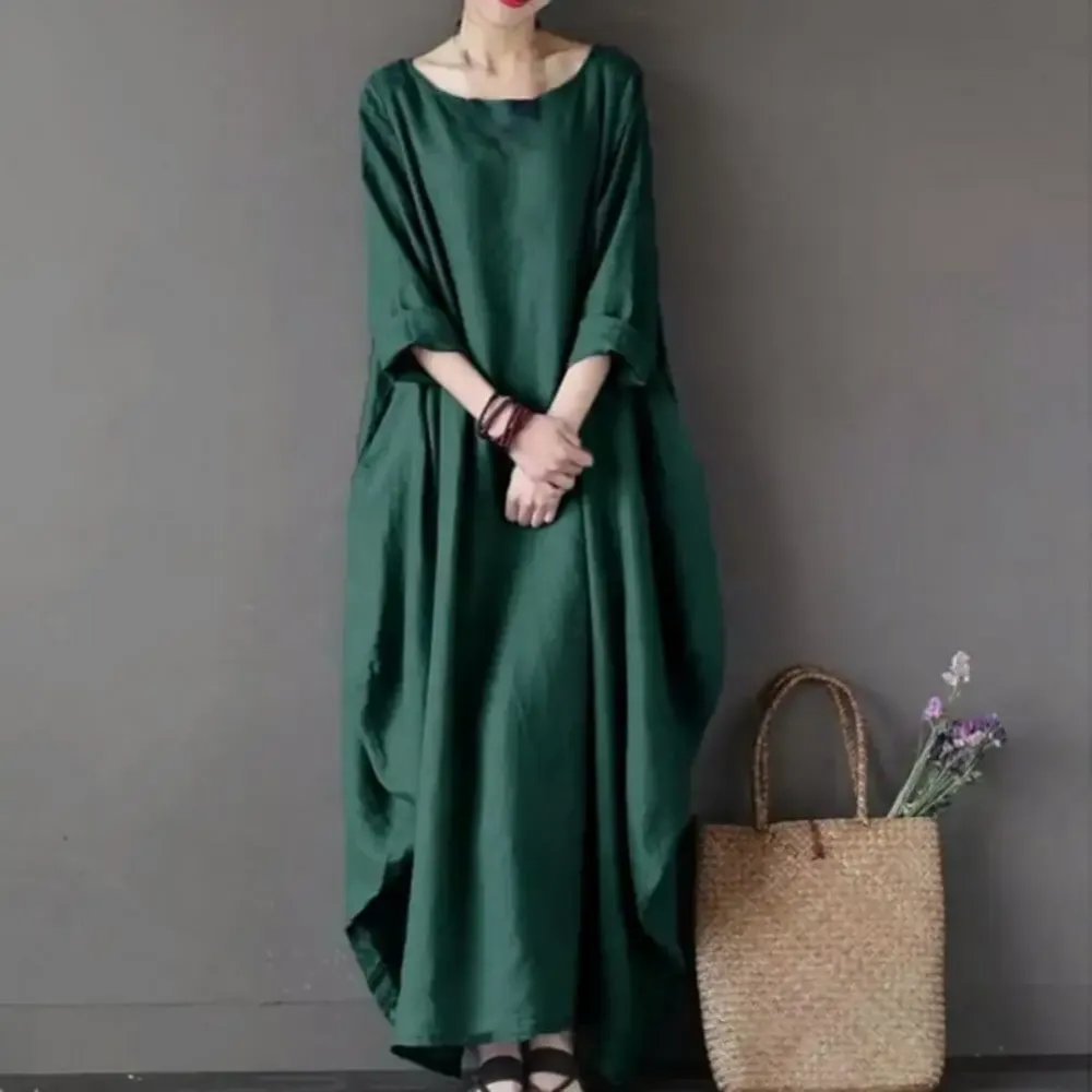 Linen Blend Cotton Blend Maxi Side Slit Dress