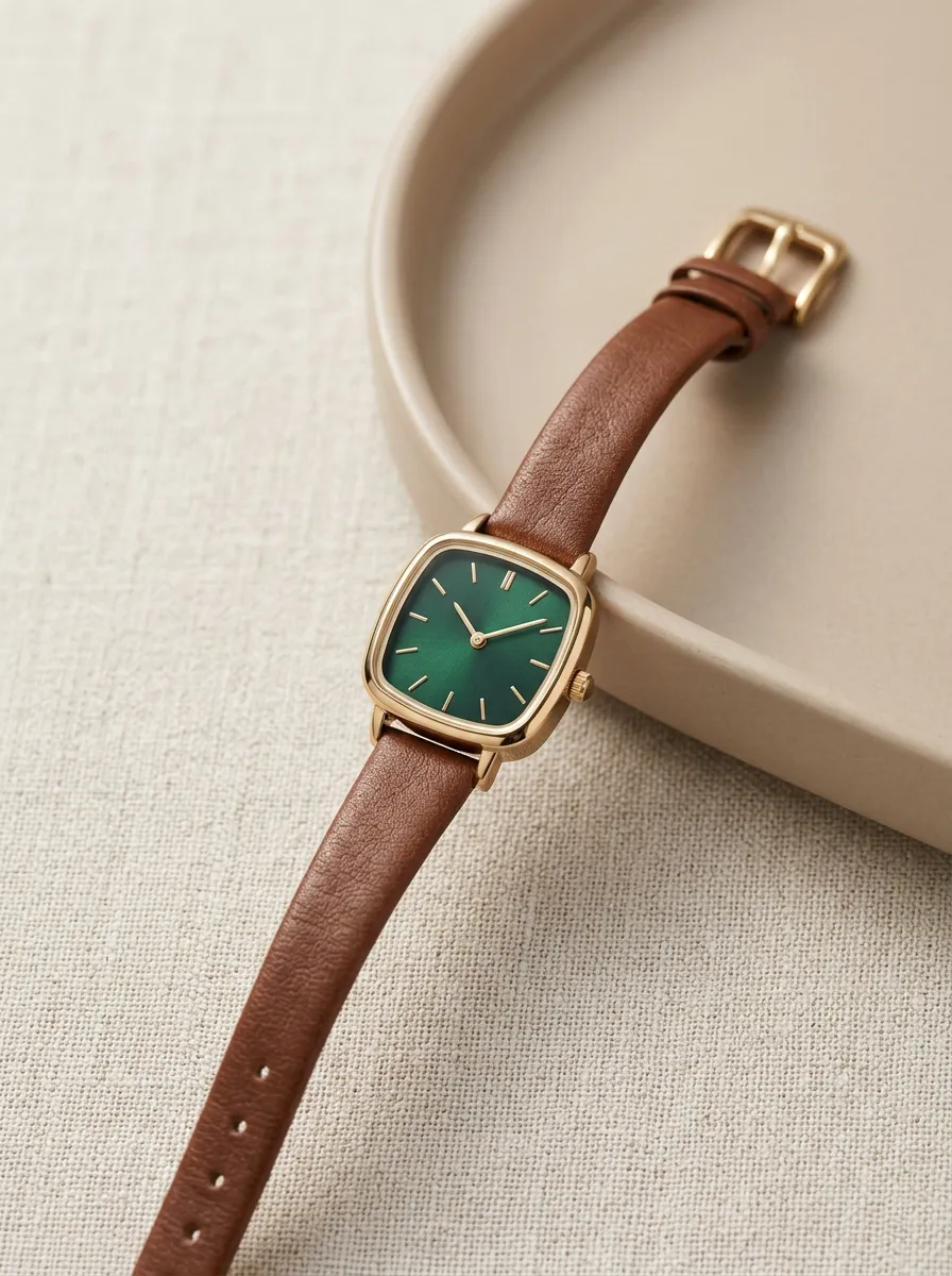 Women's Vintage Style Green Square Dial Brown Leather Strap Watch