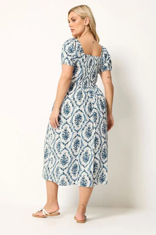 White & Blue Floral Linen Midaxi Dress detail 2
