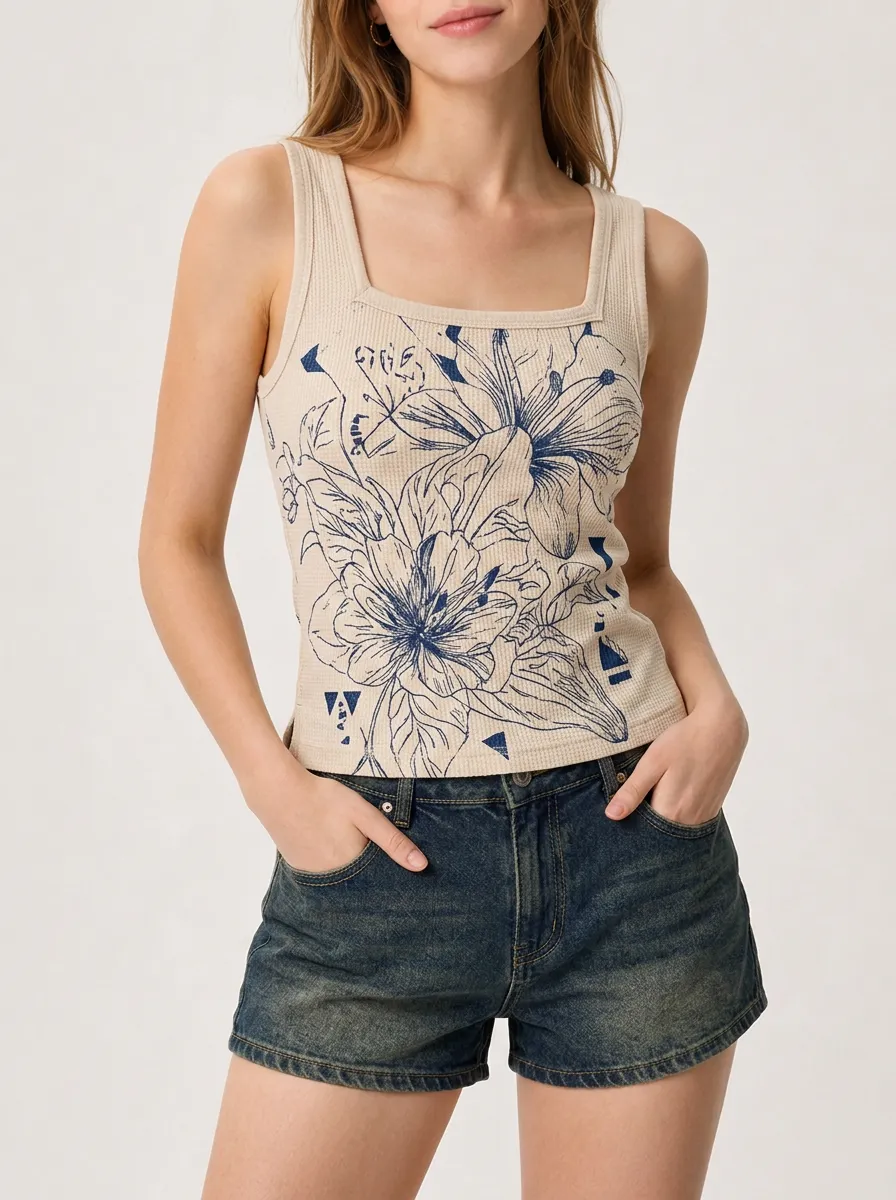 Women's Floral Botanical Art Printed Ribbed Tank Top