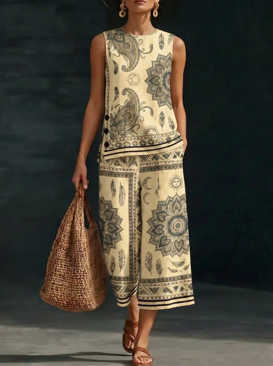 Women's Boho Style Paisley Mandala Printed Sleeveless Set