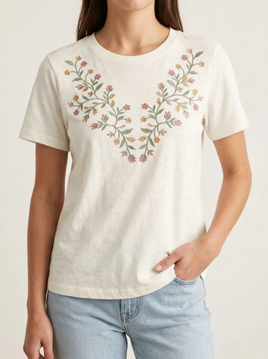 Women's Short Sleeve T Shirt with V Neck Floral Print Detail
