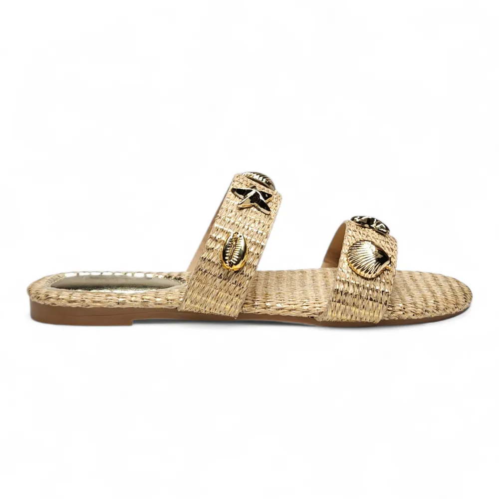 Golden Seashell Woven Double Strap Slide Sandal