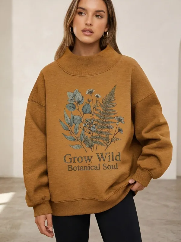 Women's Nature Lover Grow Wild Botanical Fern Printed Sweatshirt