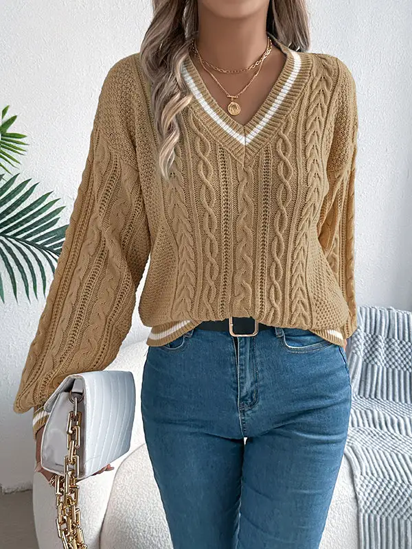 Cable Knit Paneled V-Neck Puff Sleeve Long Sleeve Knit Top