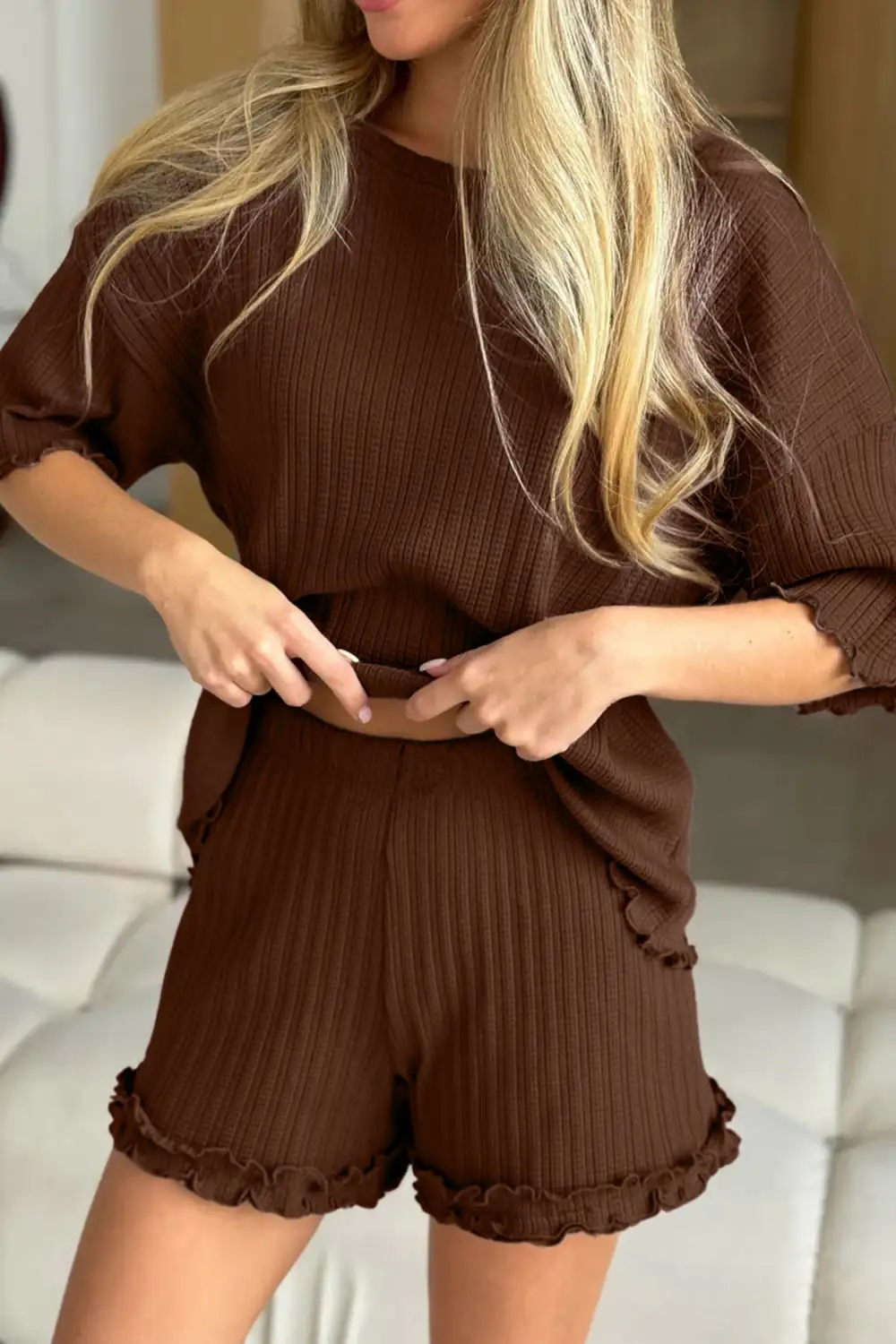 Women's Textured Ribbed Knit Lettuce Trim Two Piece Lounge Set