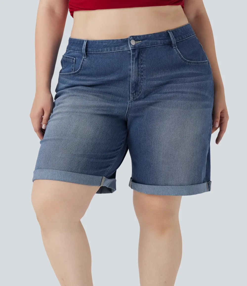  High Waisted Multiple Pockets Rolled Hem Washed Stretchy Knit Denim Casual Plus Size Bermuda Shorts