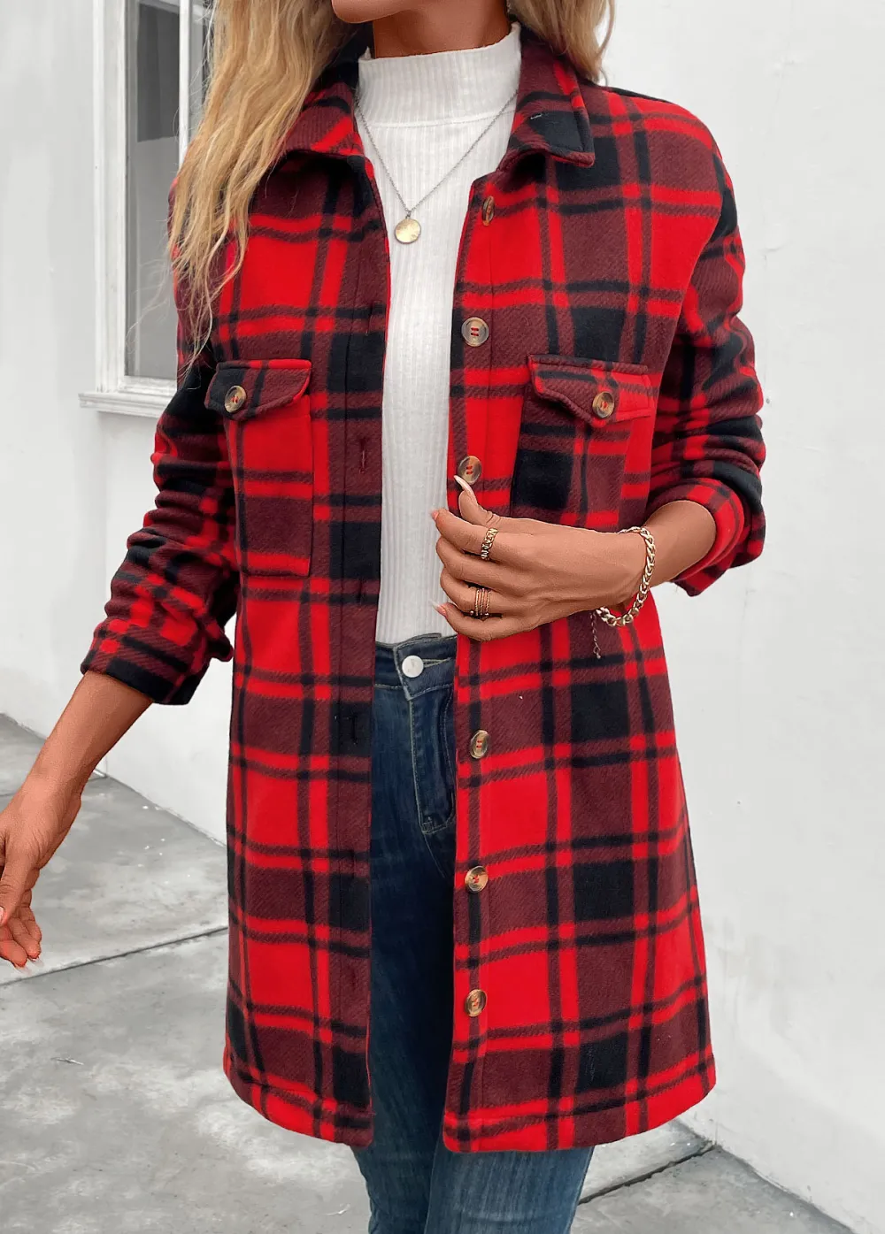 Red Pocket Plaid Long Sleeve Turn Down Collar Coat