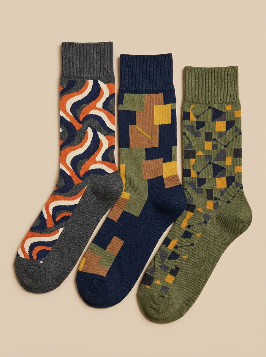 Men's Geometric Abstract Pattern Printed Three Pack Socks Layered Pattern