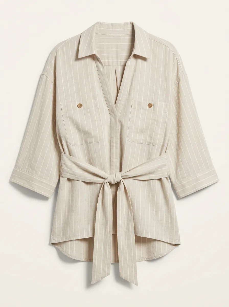 Women's Casual Beige Striped Tie-Waist Button-Down Shirt